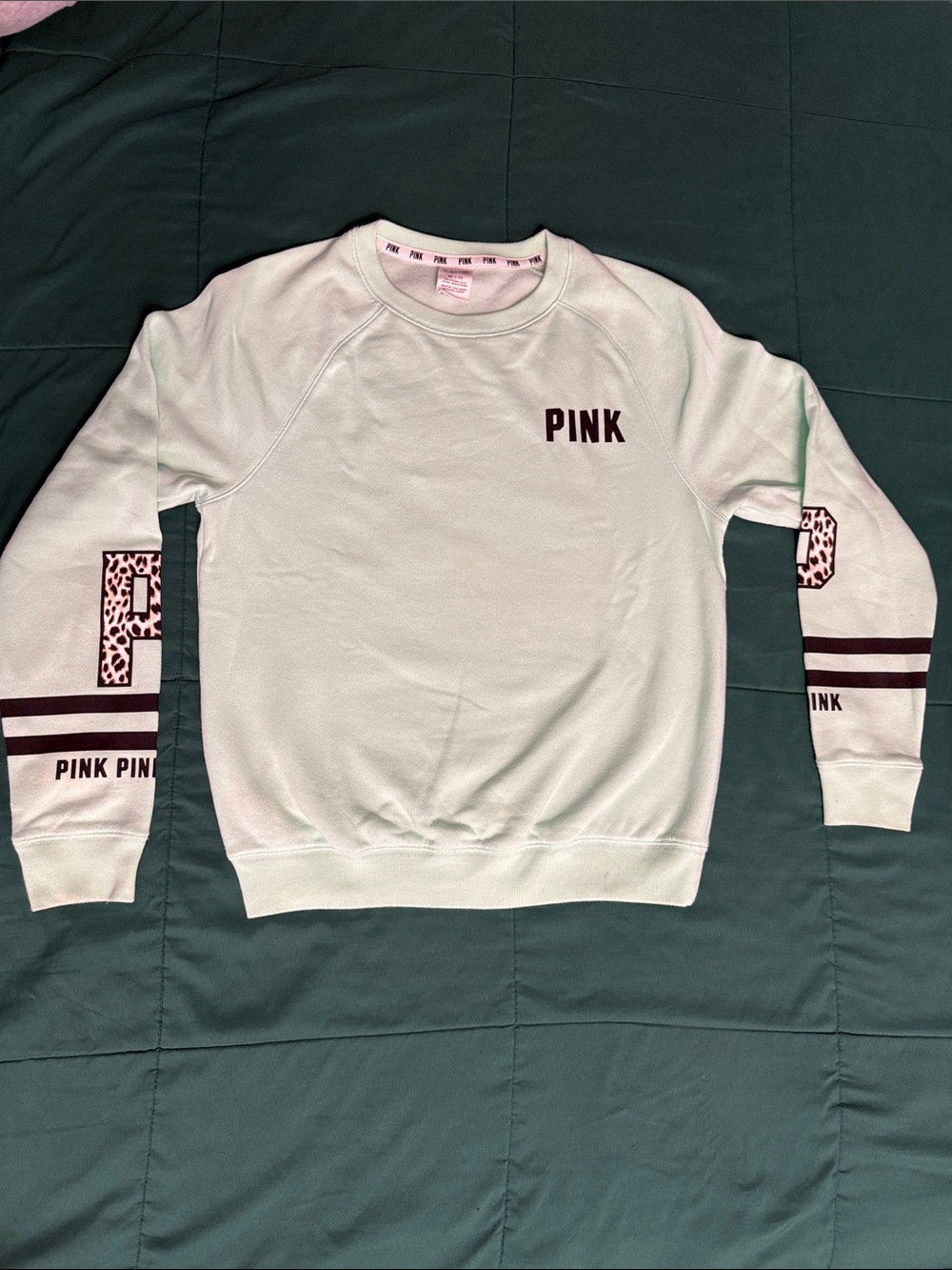 PINK Victoria's Secret Mint Green Crewneck Sweatshirt with Leopard-print - Picture 2 of 5